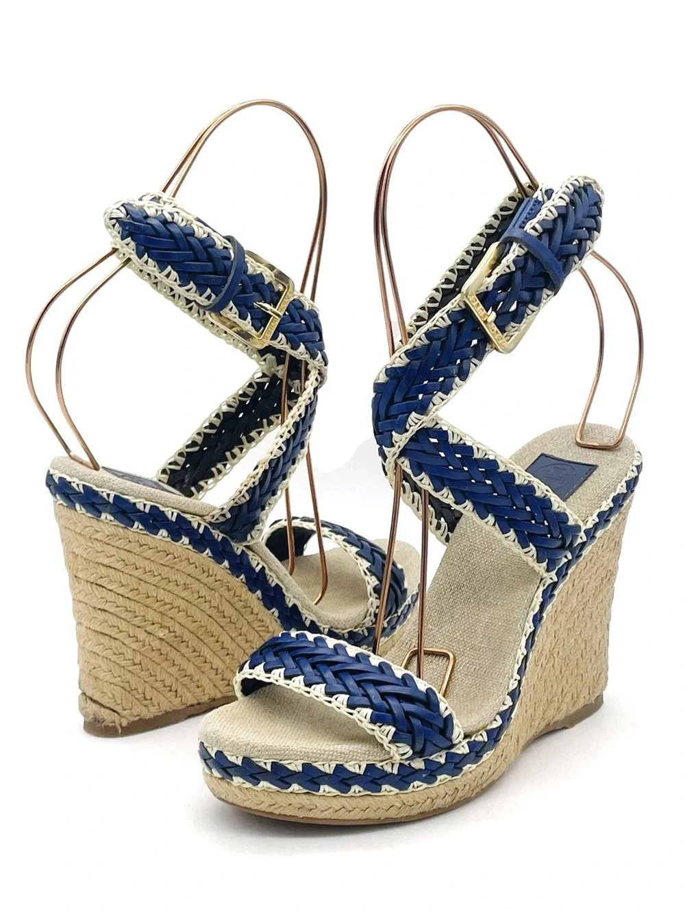 Tory Burch Lilah Espadrille Wedge Sandals Size 37 Cobalt Natural Braided Leather